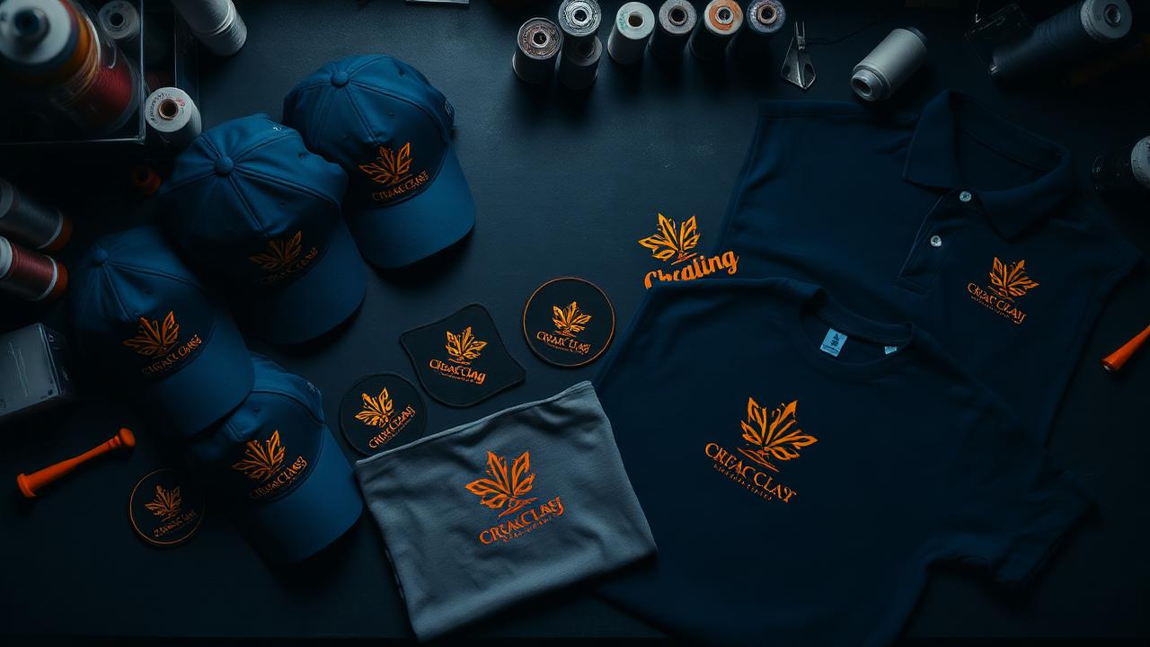 Embroidered caps, patches and polos with amber logos on a dark workbench