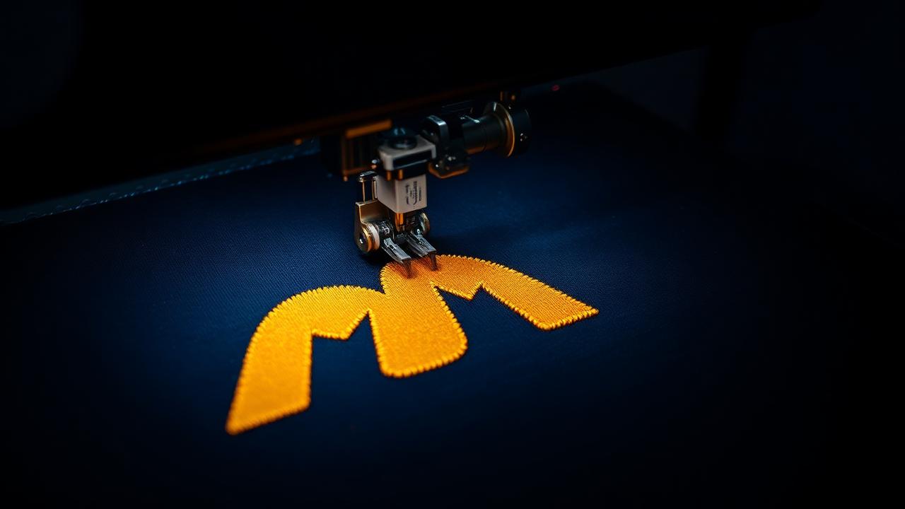 Industrial embroidery machine stitching a golden logo onto navy fabric