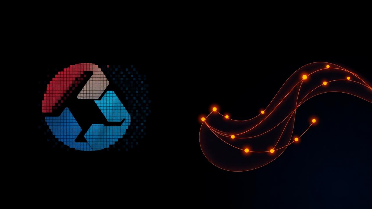 Pixelated raster logo transforming into smooth glowing vector curves